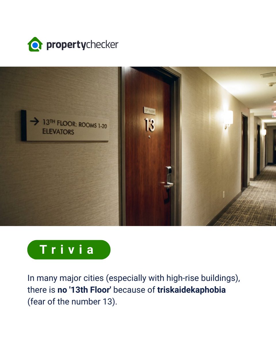PropCheckr's tweet photo. In major cities, the 13th floor is often erased from existence, jumping straight from 12 to 14. Why?

Because developers know that superstition can actually impact property value and "scare off" potential tenants. https://t.co/Rof4RQ8mbX