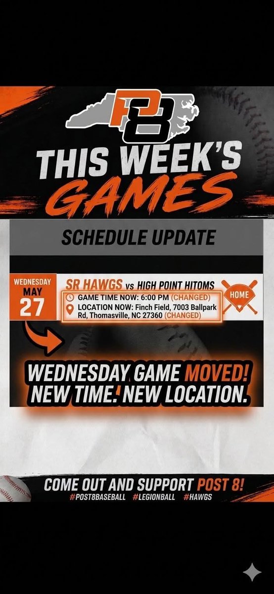 Post8Athletics's tweet photo. 🚨 SCHEDULE UPDATE – NEW TIME &amp; LOCATION! 🚨
​Parents and fans, please take note! Tomorrow's Wednesday (5/27) night game for the Sr Hawgs has been moved. We are hitting the road to play at Finch Field, and first pitch is moving up to 6:00 PM! https://t.co/Z2A7kuSbbO