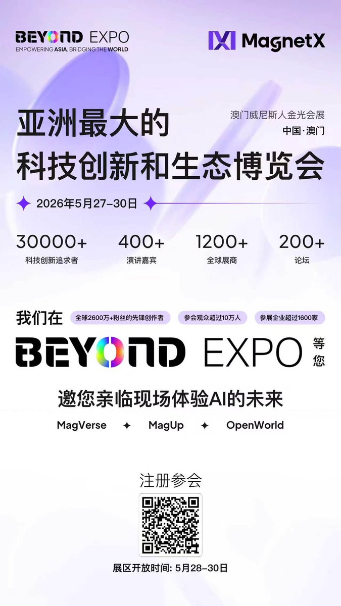 AlexYan168's tweet photo. BEYOND THE FATE.
MagnetX is at BEYOND Expo 2026, showcasing MagVerse，Magup &amp; Deworld
Drop a 👋 if you’ll be in Macau!
#Web3 #AIInnovation #BEYONDExpo2026 @MagVerse_AI  @MagnetX_AI https://t.co/lcZ0crD9Mt