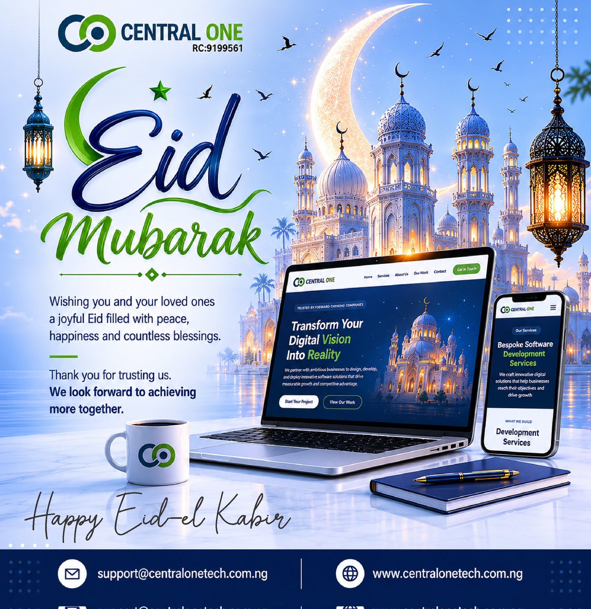 centralonetech's tweet photo. As we mark the sacred festival of Eid-el-Kabir, we celebrate the values of faith, love, and unity. May this blessed season bring peace to our hearts, joy to our homes, and abundant blessings to our lives.
Wishing you and your loved ones a joyful and memorable Eid Mubarak. https://t.co/OUZTTwQSQ7