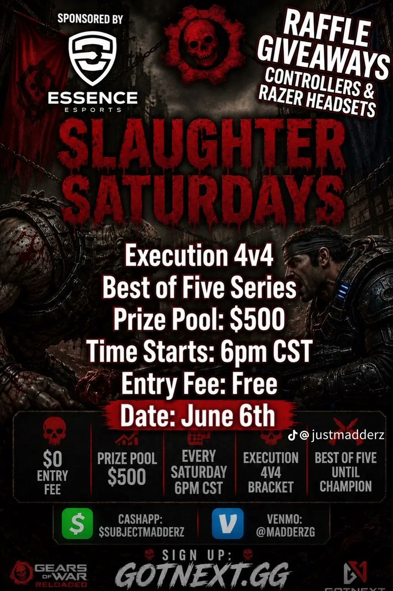 ProfecySports's tweet photo. 🚨 SLAUGHTER SATURDAYS x @JustMadderzZ 🚨

La escena competitiva de Gears Reloaded sigue creciendo 🔥

⚔️ Execution 4v4
🏆 Prize Pool: $500
🆓 Entrada GRATIS
📅 Junio 6
⏰ 6PM CST

Organizado por la comunidad de "https://t.co/QtYuBMbznt" y apoyado por la escena competitiva de Gears.

🎮 Solo equipos listos para competir al máximo nivel.
🔥 Best of Five Series
💀 Slaughter Saturdays

Apoyemos la escena competitiva.
#GearsReloaded #GearsofWar #Esports