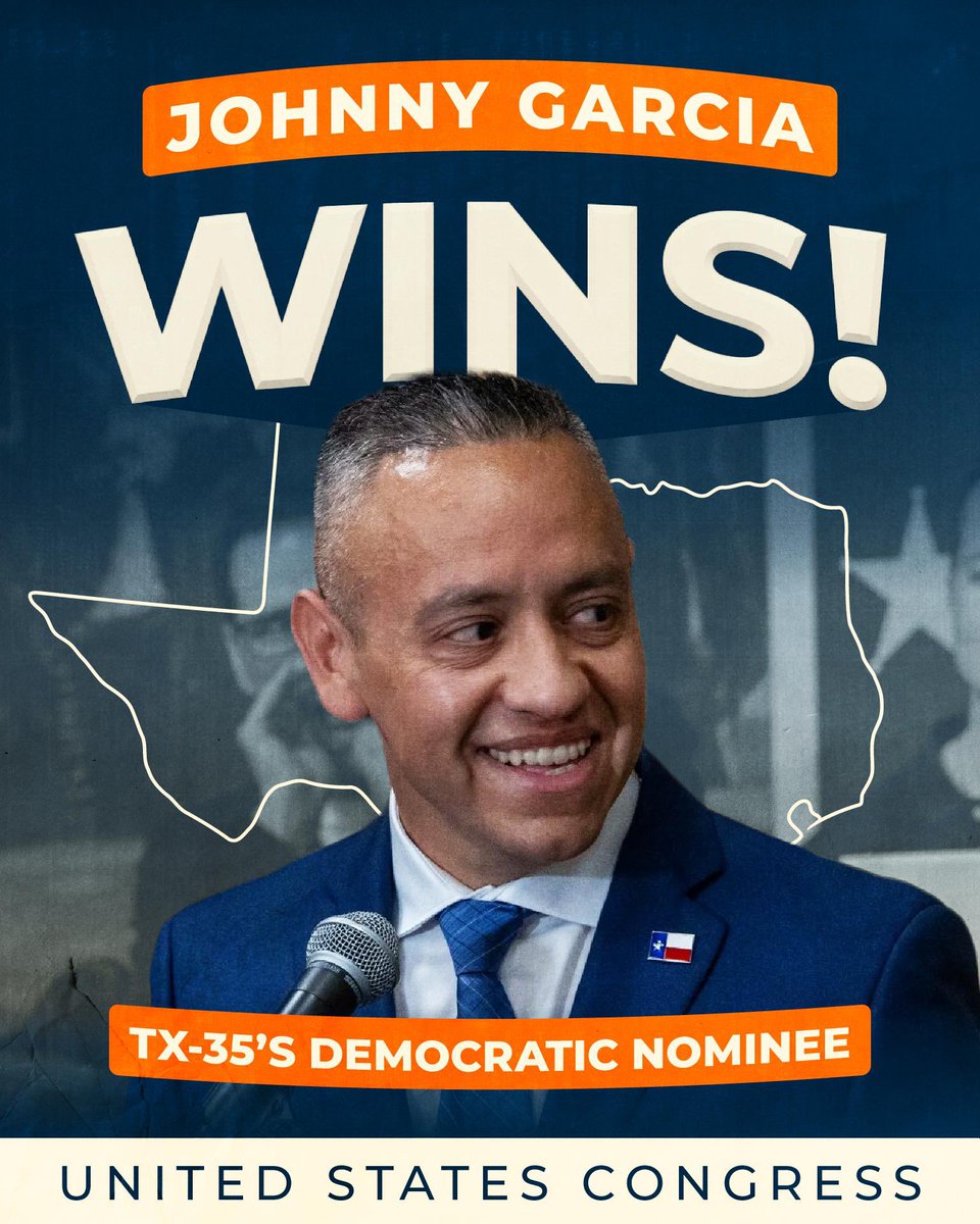 ElectTheBench's tweet photo. Congratulations to @johnnygarciatx on tonight’s win in #TX35!

Voters made clear they’re ready for leadership that puts Texas families first — safer communities, lower costs, and a fighter for working families in Congress.

Now we finish the job in November and flip this seat blue.