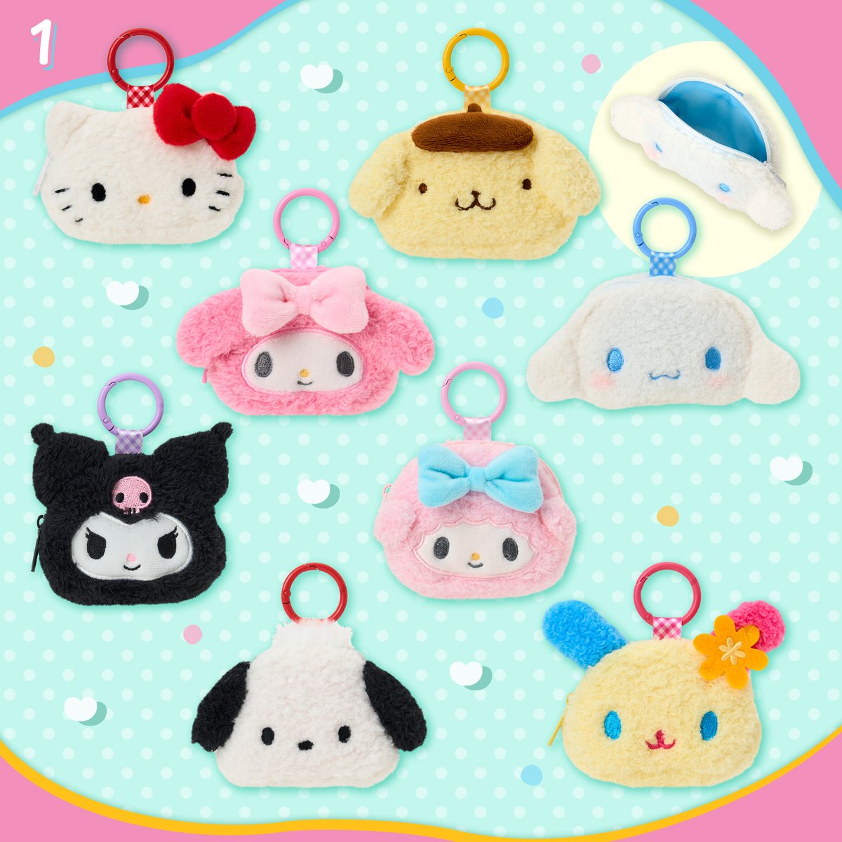 sanrio_oshikatu's tweet photo. ＼⚠️新商品【予告】📣🆕／
サンリオ『ぬいぐるみ雑貨シリーズ』の新作アイテム、6/3(水)発売開始🥹🩷
③のマスコット付き巾着のおしり、可愛すぎじゃない!?😭🩷
フェイス形パスケース＆ポーチにはウサハナちゃん＆ピアノちゃんが新たに仲間入りした形だよ🫶
こちらのシリーズはシークレット無しで好きなキャラ選べる🥹🩷
また発売日近くなったらお知らせするね📣

🔻詳細・購入はサンリオ公式オンラインショップ(楽天)にて💕
https://t.co/IXu300zwPl
⚠️オンライン発売日は6/3(水)10時～だよ！

📅発売日：6/3(水)
※一部店舗（九州各県・鳥取県・広島県・山口県・香川県・愛媛県・沖縄県）では6/4(木)発売
🛒取り扱い店舗
サンリオ直営店・百貨店のサンリオコーナー・サンリオオンラインショップほか
📝ラインナップ：
1.フェイス形カラビナ付きミニポーチ（全8種）･･･各1,100円
2.フェイス形パスケース＆ポーチ（全2種）･･･各1,793円
3.マスコット付き巾着（全8種）･･･各1,870円

🔻詳細はサンリオ公式サイトにて📝
https://t.co/NcxdOUyWb5

#サンリオキャラクターズ #ぬいぐるみ雑貨 #pr