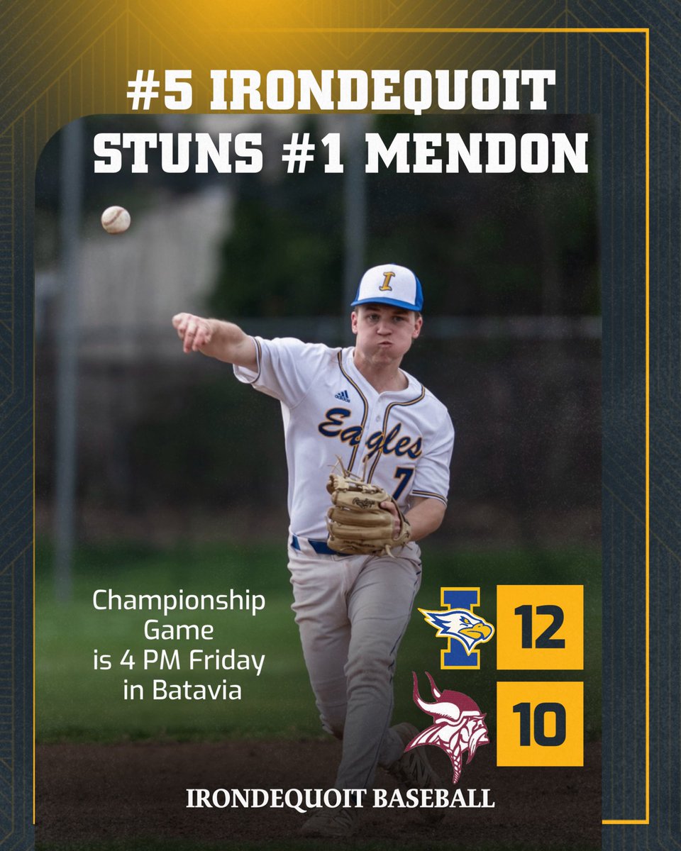 WIEagles's tweet photo. CHAMPIONSHIP-BOUND! Irondequoit baseball is headed to the Section V Championship Game for the first time since 2003!

The fifth-seed Eagles stunned #1 Pittsford Mendon, 12-10, in a semifinal slugfest. IHS (12-7) faces #3 Canandaigua (17-5) in Friday's 4 PM title game at Dwyer Stadium in Batavia. 

IHS survived a five-run rally Tuesday by Mendon (17-4) in the bottom of the seventh inning and left the tying runs on base. Senior starter Brayden Delly threw 4 2/3
innings, allowing two runs in the first before settling in and allowing 3 earned runs. He struck out 6 and also hit a two-run double. Senior Alex McLaughlin tossed the final 2 1/3 innings. 

Much like its 8-1 quarterfinal win at #4  Eastridge, IHS broke the game open with a big second inning. The Eagles exploded for seven runs and kept adding to its lead for a 12-5 cushion headed to the final inning. 

Coach Joey Kuhn used some trickery to manufacture runs, as multiple bunts and steals helped plate runners. Eight of the nine Eagles in the lineup scored. Senior Max Spitz led the offense  with 3 hits, 2 RBI, 3 Runs and 2 steals. Junior Jackson Mroczek and sophomore Jimmy Jackson each had two hits and an RBI.