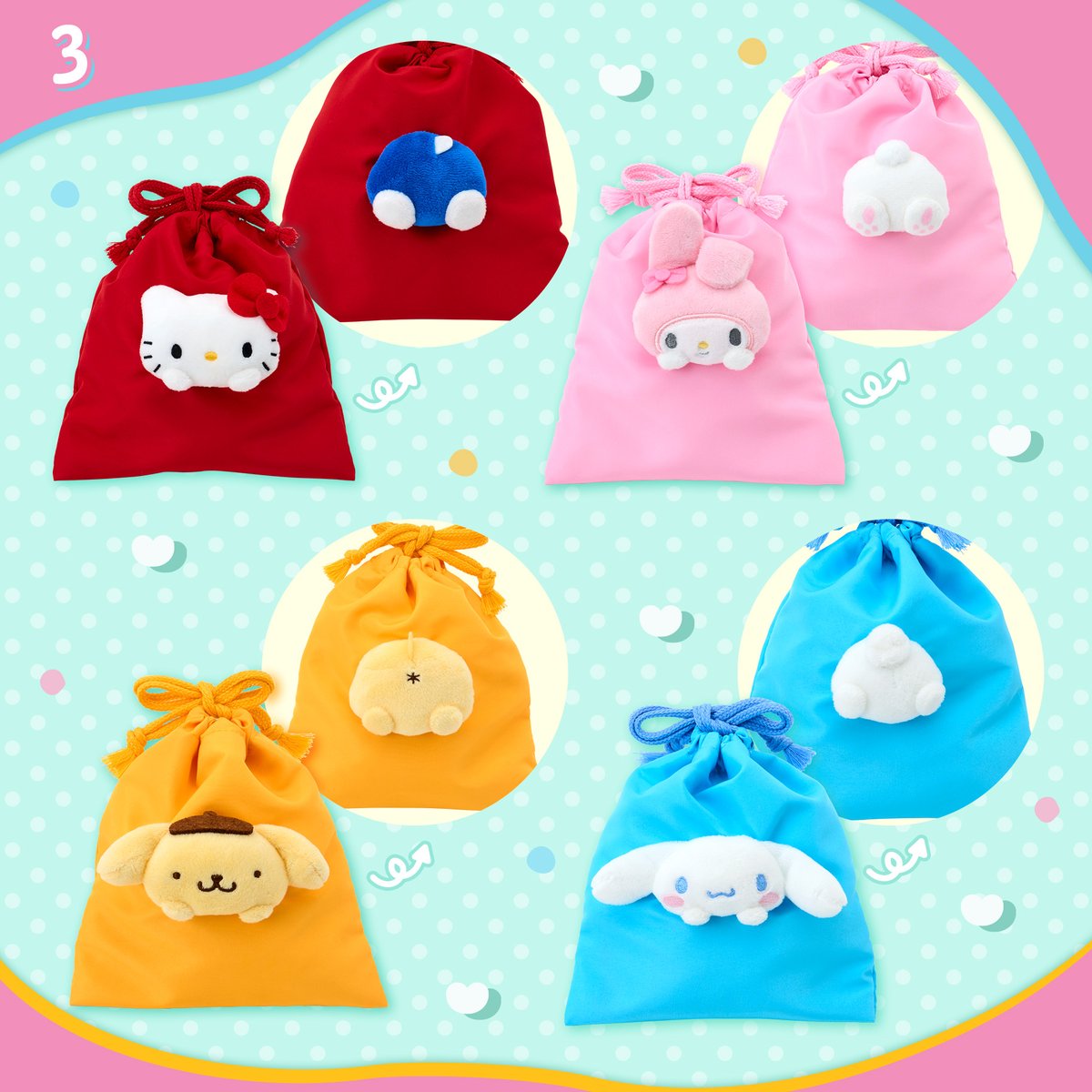 sanrio_oshikatu's tweet photo. ＼⚠️新商品【予告】📣🆕／
サンリオ『ぬいぐるみ雑貨シリーズ』の新作アイテム、6/3(水)発売開始🥹🩷
③のマスコット付き巾着のおしり、可愛すぎじゃない!?😭🩷
フェイス形パスケース＆ポーチにはウサハナちゃん＆ピアノちゃんが新たに仲間入りした形だよ🫶
こちらのシリーズはシークレット無しで好きなキャラ選べる🥹🩷
また発売日近くなったらお知らせするね📣

🔻詳細・購入はサンリオ公式オンラインショップ(楽天)にて💕
https://t.co/IXu300zwPl
⚠️オンライン発売日は6/3(水)10時～だよ！

📅発売日：6/3(水)
※一部店舗（九州各県・鳥取県・広島県・山口県・香川県・愛媛県・沖縄県）では6/4(木)発売
🛒取り扱い店舗
サンリオ直営店・百貨店のサンリオコーナー・サンリオオンラインショップほか
📝ラインナップ：
1.フェイス形カラビナ付きミニポーチ（全8種）･･･各1,100円
2.フェイス形パスケース＆ポーチ（全2種）･･･各1,793円
3.マスコット付き巾着（全8種）･･･各1,870円

🔻詳細はサンリオ公式サイトにて📝
https://t.co/NcxdOUyWb5

#サンリオキャラクターズ #ぬいぐるみ雑貨 #pr