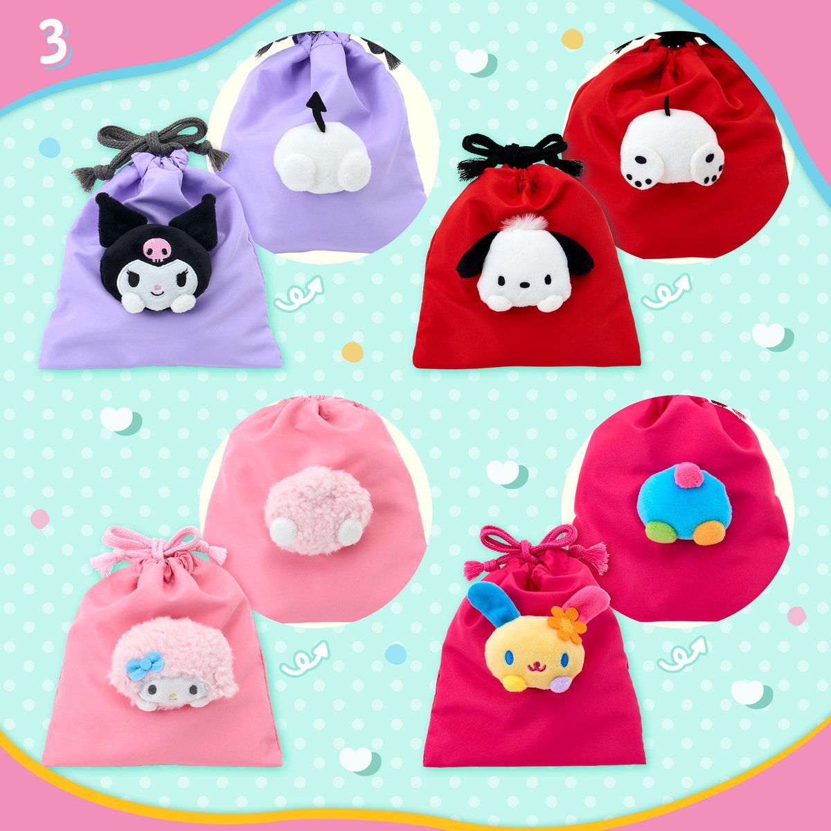 sanrio_oshikatu's tweet photo. ＼⚠️新商品【予告】📣🆕／
サンリオ『ぬいぐるみ雑貨シリーズ』の新作アイテム、6/3(水)発売開始🥹🩷
③のマスコット付き巾着のおしり、可愛すぎじゃない!?😭🩷
フェイス形パスケース＆ポーチにはウサハナちゃん＆ピアノちゃんが新たに仲間入りした形だよ🫶
こちらのシリーズはシークレット無しで好きなキャラ選べる🥹🩷
また発売日近くなったらお知らせするね📣

🔻詳細・購入はサンリオ公式オンラインショップ(楽天)にて💕
https://t.co/IXu300zwPl
⚠️オンライン発売日は6/3(水)10時～だよ！

📅発売日：6/3(水)
※一部店舗（九州各県・鳥取県・広島県・山口県・香川県・愛媛県・沖縄県）では6/4(木)発売
🛒取り扱い店舗
サンリオ直営店・百貨店のサンリオコーナー・サンリオオンラインショップほか
📝ラインナップ：
1.フェイス形カラビナ付きミニポーチ（全8種）･･･各1,100円
2.フェイス形パスケース＆ポーチ（全2種）･･･各1,793円
3.マスコット付き巾着（全8種）･･･各1,870円

🔻詳細はサンリオ公式サイトにて📝
https://t.co/NcxdOUyWb5

#サンリオキャラクターズ #ぬいぐるみ雑貨 #pr