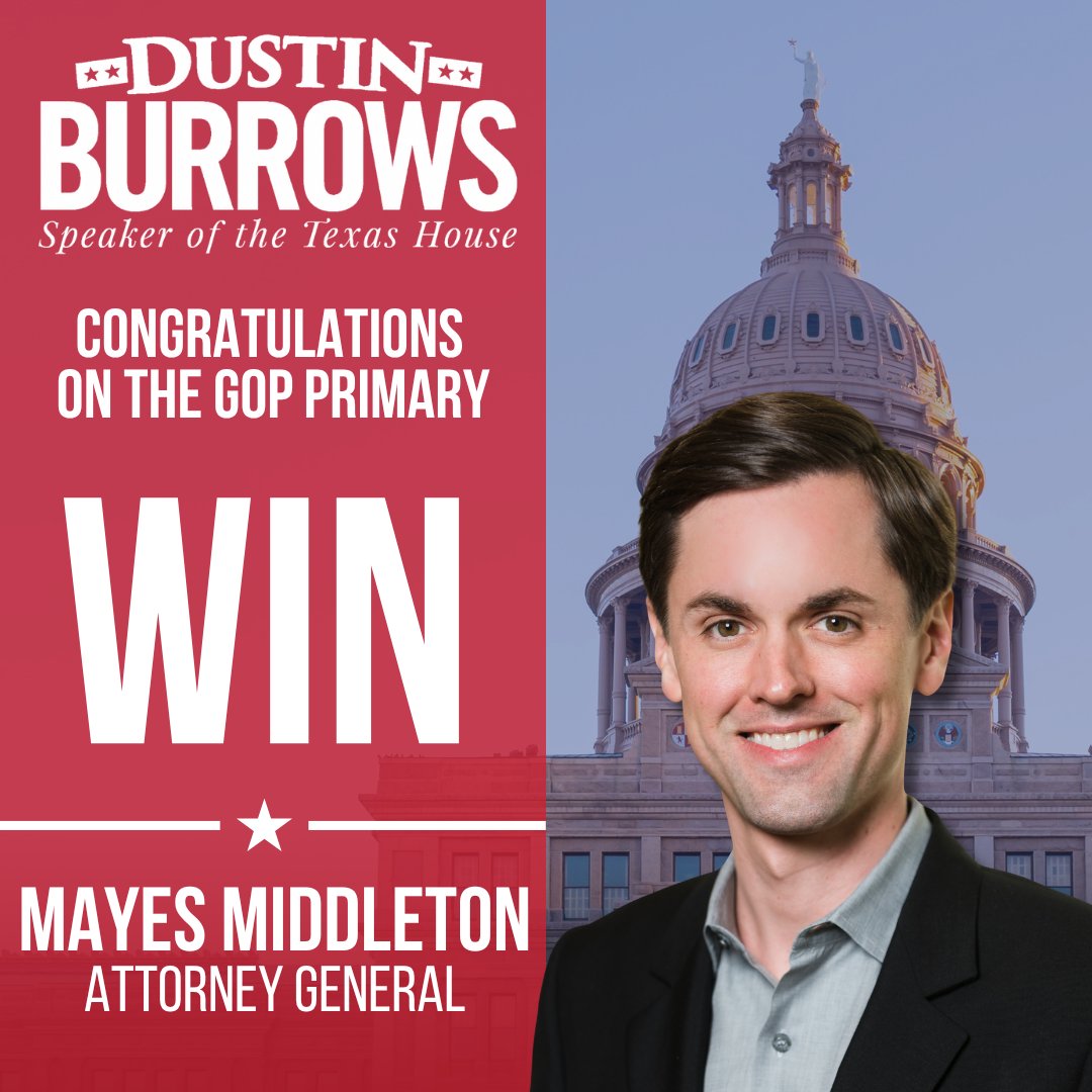Burrows4TX's tweet photo. Congratulations to @mayes_middleton on securing the Republican nomination for Texas Attorney General. Texans deserve a chief legal officer who will enforce the law without hesitation, defend our Constitution, and stand up to federal overreach.

Restoring law and order and protecting our communities from crime and chaos must remain a top priority. I am confident Mayes Middleton will fight to keep Texans safe, uphold the rule of law, and defend the values that make our state strong.