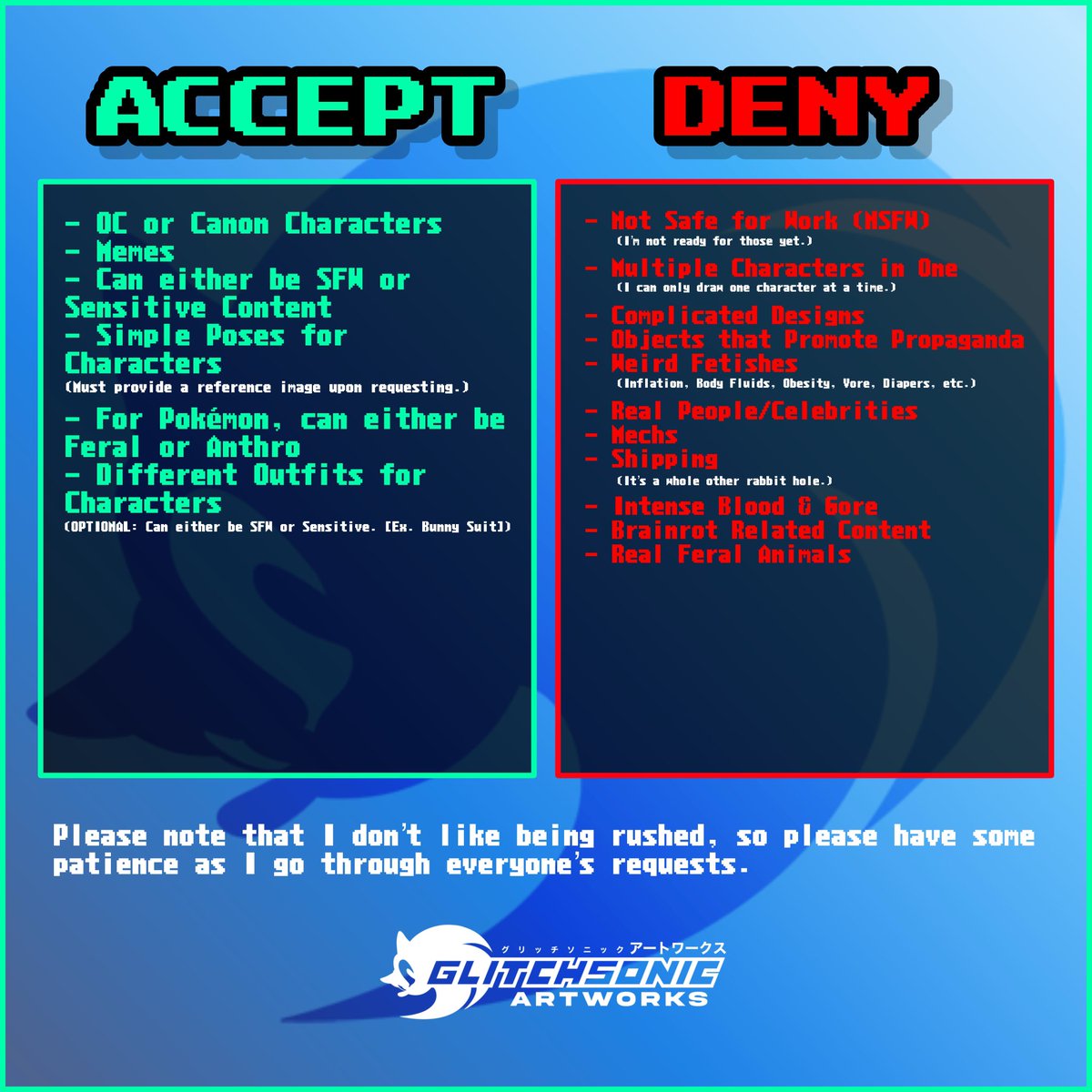 GLITCHSONICYT's tweet photo. I got bored, so I decided to open up Temporary Commissions, feel free to contact me on Discord if interested.

Price: $10 USD [Lineart + Full Color]

[I’m currently doing 5 Slots, but can add a few more if there’s demand.] https://t.co/3Pfk8vqPoz