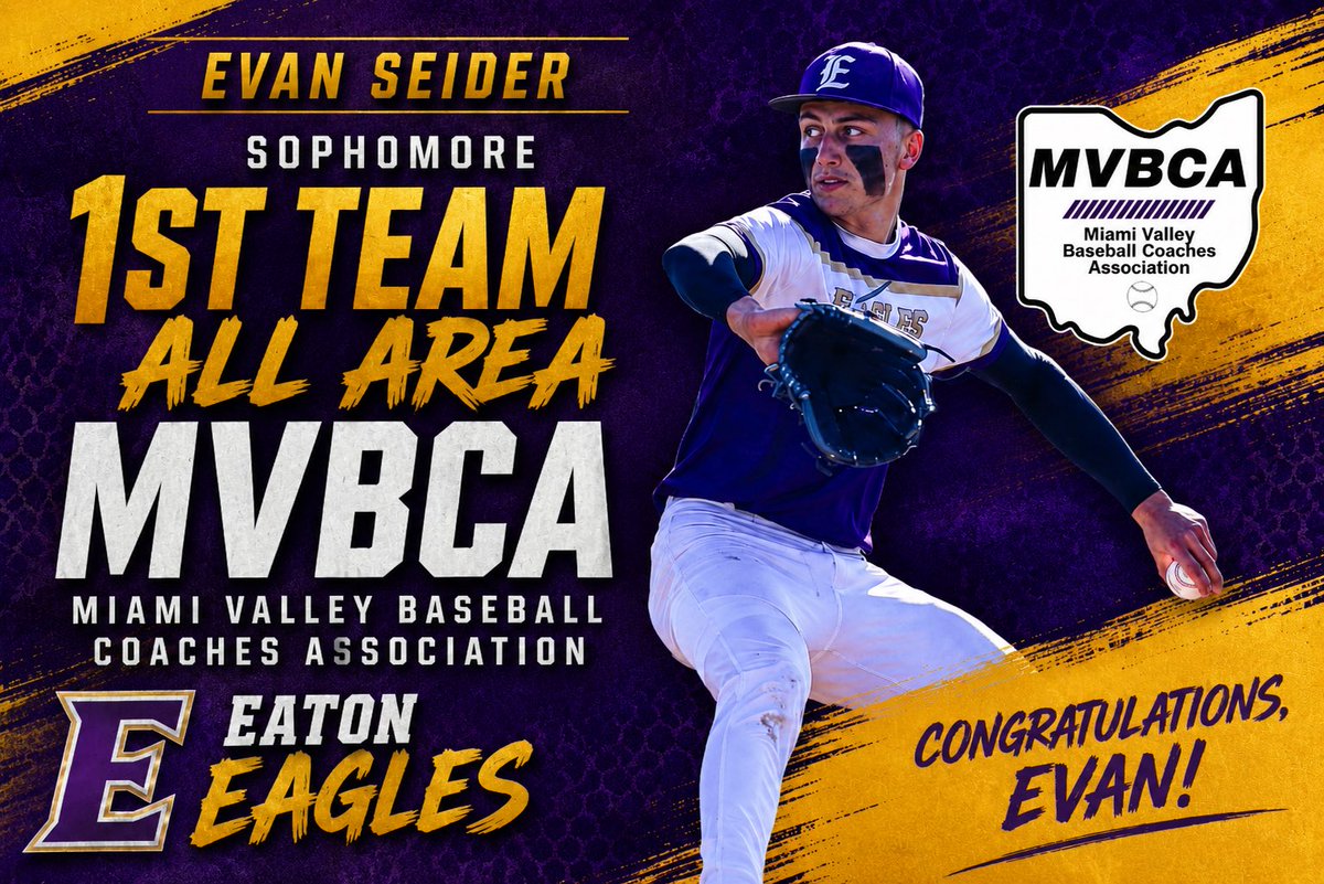 EatonHSBaseball's tweet photo. Another huge congratulations to our own @EvanSeider21 for being awarded 1st Team All Area by the Miami Valley Baseball Coaches Association.
@Starting9_37_ 
@MVBCA1 
@EatonEaglesHS https://t.co/vZwB290KHb