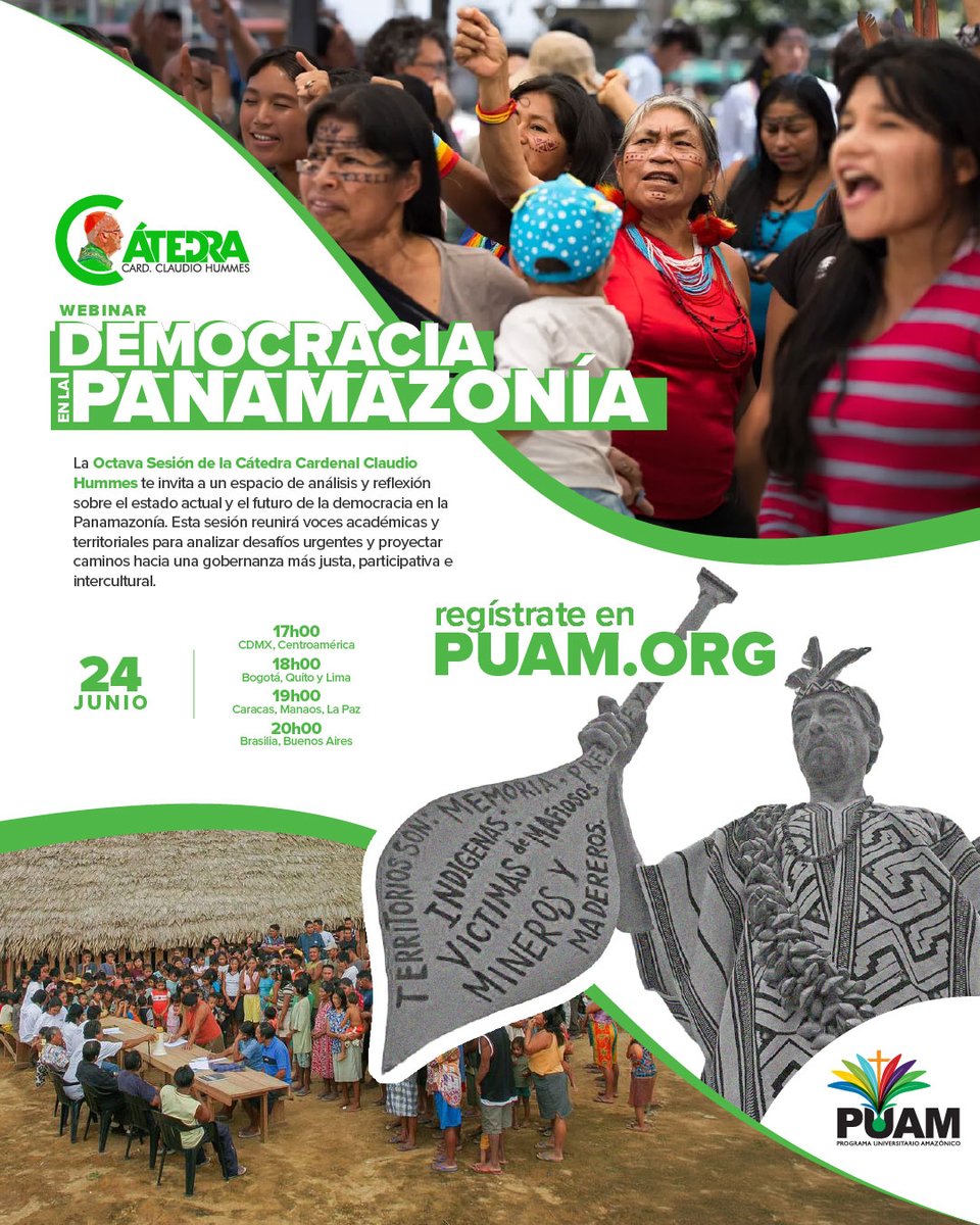 puamazonico's tweet photo. Regístrate en https://t.co/K2EbZH9Nqe | 🌿¿Hacia dónde va la democracia en la Panamazonía?

Únete a la Octava Sesión de la Cátedra Cardenal Claudio Hummes, un diálogo sobre participación, gobernanza e interculturalidad desde los territorios amazónicos. #CatedraClaudioHummes https://t.co/BbD4hLa7bi