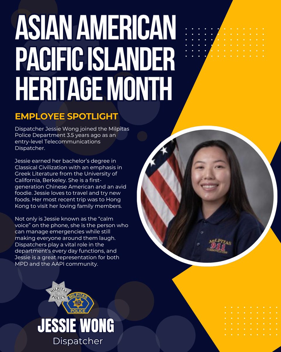 MilpitasPD's tweet photo. As we continue celebrating Asian American and Pacific Islander (AAPI) Heritage Month, we’re proud to recognize the diverse backgrounds, experiences, and perspectives that help make the Milpitas Police Department stronger.

Today, we’re highlighting Dispatcher Jessie Wong. A proud Chinese American and self-proclaimed foodie, Jessie is often the calm, reassuring voice on the other end of the line when community members need help most. Whether handling emergencies, coordinating resources, or supporting first responders, Jessie plays a critical role in keeping our community safe every day.

Thank you, Jessie, for your dedication, professionalism, and commitment to serving Milpitas. We are grateful to have you as part of our team!

#MilpitasPD #BeMilpitasPD #AAPIHeritageMonth #PublicSafety #DispatchersWeekEveryWeek 🚔💙