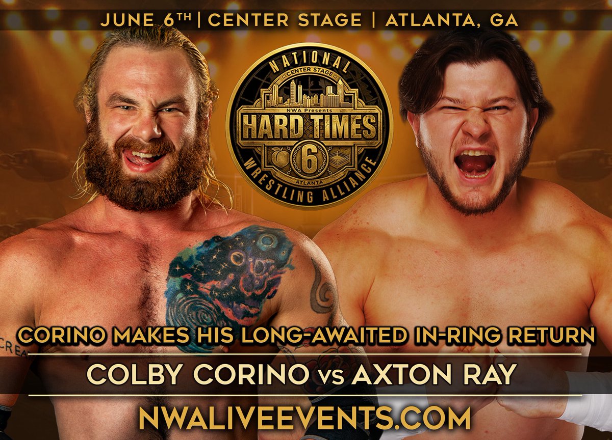 nwa's tweet photo. 𝙃𝘼𝙍𝘿 𝙏𝙄𝙈𝙀𝙎 𝙁𝙊𝙍 𝙐.𝙎. 𝙏𝘼𝙂 𝘾𝙃𝘼𝙈𝙋𝙎

The SlimeBallz face a huge challenge when NWA 𝙃𝘼𝙍𝘿 𝙏𝙄𝙈𝙀𝙎 6 comes to Atlanta’s Center Stage! On June 6, @slimeballsage & @SlimetimeTommy defend their NWA United States Tag Titles against @NWAChicago tag champs The Hardway @vetjackvaughn & Dalton McKenzie! Get tickets now at https://t.co/P2gxaJF66L.

𝘼𝙡𝙧𝙚𝙖𝙙𝙮 𝘼𝙣𝙣𝙤𝙪𝙣𝙘𝙚𝙙:
⚡️TV-MA’s newly-crowned NWA World Women’s Champion @TiffanyNieves_ defends against former champion “The Crush” @RealNMarkova!
⚡️@ColbyCorino returns to face @AxtonRay96!
⚡️@DaBlackPope takes on Carnage!
⚡️NWA World Women’s TV Champ “The Quintessential Diva” @GiseleShaw08 faces newly-signed @liviyahpw!
⚡️@PrettyBoySmooth with @thepastorclo goes one-on-one with @CarsonDrake00 of @TheAronHaddad’sFederation of Champions!
⚡️Plus all the must-see stars of the NWA will be on-hand!

Witness history in the making and be part of the new era of 𝙉𝙒𝘼 𝙋𝙊𝙒𝙀𝙍𝙍𝙍 on Comet. NWA 𝙃𝘼𝙍𝘿 𝙏𝙄𝙈𝙀𝙎 6 will be filmed for upcoming broadcast Saturdays at 4PM ET on Comet TV.

NWA 𝙃𝘼𝙍𝘿 𝙏𝙄𝙈𝙀𝙎 6 sees the National Wrestling Alliance return to Center Stage in Atlanta, Georgia on June 6. Get tickets now at https://t.co/P2gxaJF66L.

Watch the stars of the National Wrestling Alliance weekly on 𝙉𝙒𝘼 𝙋𝙊𝙒𝙀𝙍𝙍𝙍 on @WatchComet TV, airing every Saturday at 4PM ET / 3PM CT / 4PM PT.