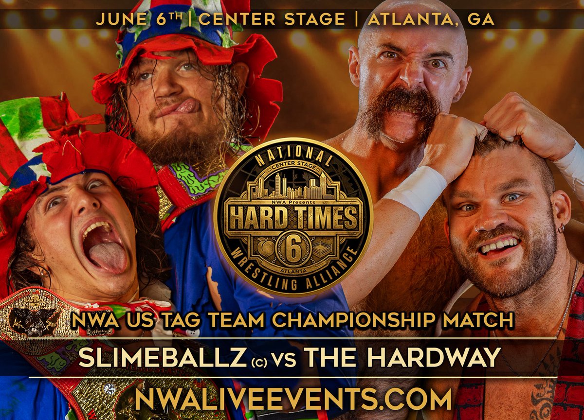 nwa's tweet photo. 𝙃𝘼𝙍𝘿 𝙏𝙄𝙈𝙀𝙎 𝙁𝙊𝙍 𝙐.𝙎. 𝙏𝘼𝙂 𝘾𝙃𝘼𝙈𝙋𝙎

The SlimeBallz face a huge challenge when NWA 𝙃𝘼𝙍𝘿 𝙏𝙄𝙈𝙀𝙎 6 comes to Atlanta’s Center Stage! On June 6, @slimeballsage & @SlimetimeTommy defend their NWA United States Tag Titles against @NWAChicago tag champs The Hardway @vetjackvaughn & Dalton McKenzie! Get tickets now at https://t.co/P2gxaJF66L.

𝘼𝙡𝙧𝙚𝙖𝙙𝙮 𝘼𝙣𝙣𝙤𝙪𝙣𝙘𝙚𝙙:
⚡️TV-MA’s newly-crowned NWA World Women’s Champion @TiffanyNieves_ defends against former champion “The Crush” @RealNMarkova!
⚡️@ColbyCorino returns to face @AxtonRay96!
⚡️@DaBlackPope takes on Carnage!
⚡️NWA World Women’s TV Champ “The Quintessential Diva” @GiseleShaw08 faces newly-signed @liviyahpw!
⚡️@PrettyBoySmooth with @thepastorclo goes one-on-one with @CarsonDrake00 of @TheAronHaddad’sFederation of Champions!
⚡️Plus all the must-see stars of the NWA will be on-hand!

Witness history in the making and be part of the new era of 𝙉𝙒𝘼 𝙋𝙊𝙒𝙀𝙍𝙍𝙍 on Comet. NWA 𝙃𝘼𝙍𝘿 𝙏𝙄𝙈𝙀𝙎 6 will be filmed for upcoming broadcast Saturdays at 4PM ET on Comet TV.

NWA 𝙃𝘼𝙍𝘿 𝙏𝙄𝙈𝙀𝙎 6 sees the National Wrestling Alliance return to Center Stage in Atlanta, Georgia on June 6. Get tickets now at https://t.co/P2gxaJF66L.

Watch the stars of the National Wrestling Alliance weekly on 𝙉𝙒𝘼 𝙋𝙊𝙒𝙀𝙍𝙍𝙍 on @WatchComet TV, airing every Saturday at 4PM ET / 3PM CT / 4PM PT.