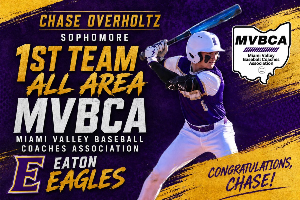 EatonHSBaseball's tweet photo. Another huge congratulations to our own @ChaseOverholtz for being awarded 1st Team All Area by the Miami Valley Baseball Coaches Association.
@Starting9_37_ 
@MVBCA1 
@EatonEaglesHS https://t.co/1OlejVFxzi