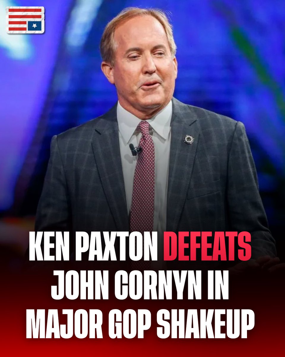 SpectrumEMX's tweet photo. BREAKING: Ken Paxton has defeated longtime Senator John Cornyn in the Texas Republican Senate runoff.

The result marks another major victory for Donald Trump’s influence over the Republican Party and further weakens the traditional GOP establishment. https://t.co/BSS1wyAqM0