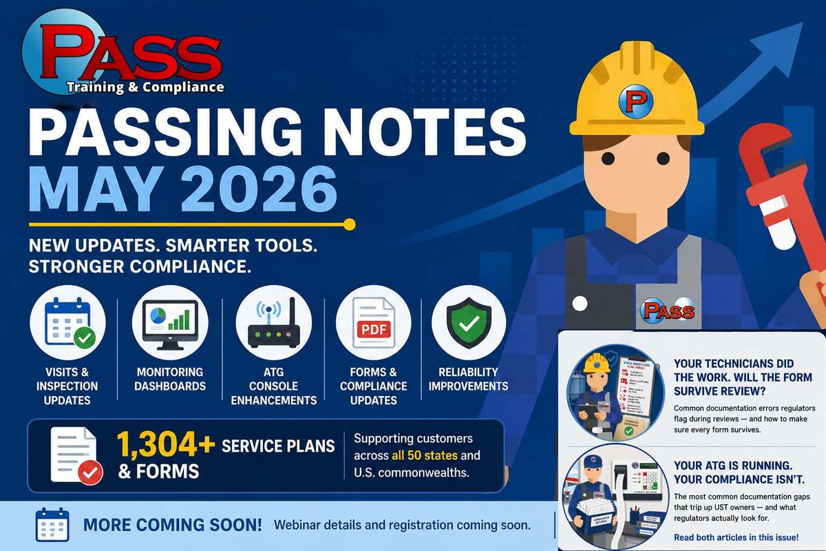 passtesting's tweet photo. May PASSing Notes is out.
New this month in PASS Tools: redesigned monitoring UI, live ATG Console commands, visit-level paperwork PDFs, and 25+ new or revised compliance forms across the country.
Read it here: https://t.co/HPoUpmfWJl https://t.co/cnh67acDUM