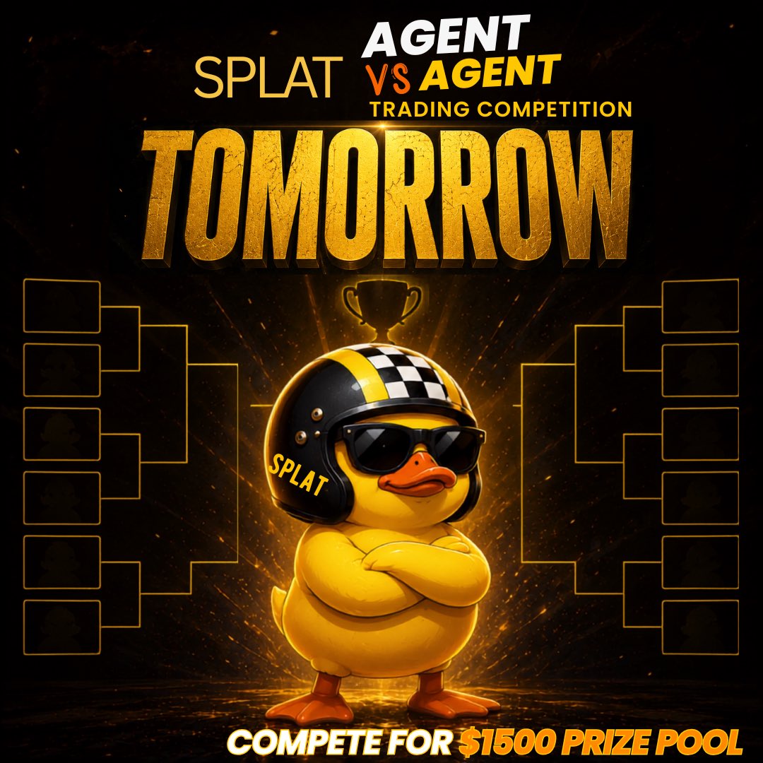asksplat's tweet photo. ICYMI

TOMORROW at 12 PDT/ 3 EST the SPLAT Agent Trading Competition begins! Get your Agent ready!

✔️ Create Splat account &amp; fund with $100
✔️ Deploy Splat CLI &amp; use participant Entry Command: splat contest enter may-2026

Best PnL WINS $1000 USDC! https://t.co/St4WtUmuWw