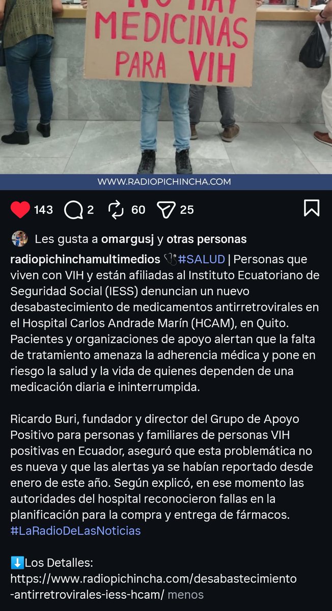 grupodeapoyovih's tweet photo. El @HCAM_IESS del @IESSec me está matando.
La mala gestión administrativa de gerencia del #HCAM me está matando al no entregarme mí medicamento antirretroviral y yo sigo pagando puntualmente mi afiliación 

@BernardoCordovz @IESSPichincha 
@DEFENSORIAEC @radio_pichincha https://t.co/NBaU9v6GTH