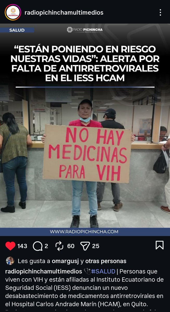 grupodeapoyovih's tweet photo. El @HCAM_IESS del @IESSec me está matando.
La mala gestión administrativa de gerencia del #HCAM me está matando al no entregarme mí medicamento antirretroviral y yo sigo pagando puntualmente mi afiliación 

@BernardoCordovz @IESSPichincha 
@DEFENSORIAEC @radio_pichincha https://t.co/NBaU9v6GTH