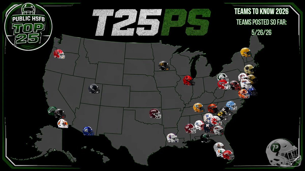 Top25PublicHSFB's tweet photo. Updated map after adding Point Boro (NJ) Westlake (GA) and Centennial (Corona) 

Full thread of every team below. 👇👇

#T25PS https://t.co/TUGOfVJ2Sd