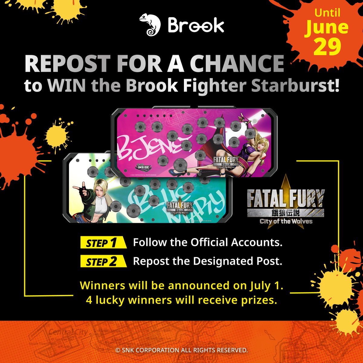 brookgamingfans's tweet photo. 🚨 GIVEAWAY ALERT 🚨

Repost for a Chance to Win the #Brook #Fighter #Starburst collaboration with #FATAL #FURY: City of the Wolves 😏

✅Follow Both official X accounts:
🔸Brook (@brookgamingfans ) 
🔸FATAL FURY (@FATALFURY_PR )

✅Repost THIS Post
⭕️⭕️Like + Leave comment(Which character do you like? :) will increase your chances of winning!

📢winners will be announced on July 1📅
🎁1 Winner: One Special Edition Brook Fighter Starburst controller set 
🎁3 Winners: One Special Edition Brook Fighter Starburst pattern( *not included Starburst) 

🌍Open worldwide
📅 Ends June 29

Let's show time 🔥🔥🔥

🫡The Brook Fighter Starburst supports PS5, PS4, Xbox Series X|S, Switch 2, Switch, and PC, allowing seamless gameplay across different platforms.
https://t.co/CzLEr4Aps0

 #Evo2026 #EVO2026 #EVOUSA #FGC #BrookGaming #Giveaway #SNK #CotW #餓狼伝説