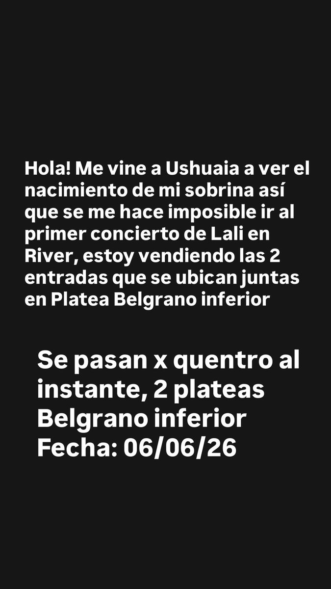 labestiapau's tweet photo. Venta de entradas Lali. 
2x200 
Platea inferior Belgrano 
06/06/2026 RIVER

VENTA LALI REVENTA ENTRADA https://t.co/8UfH06EJ2v
