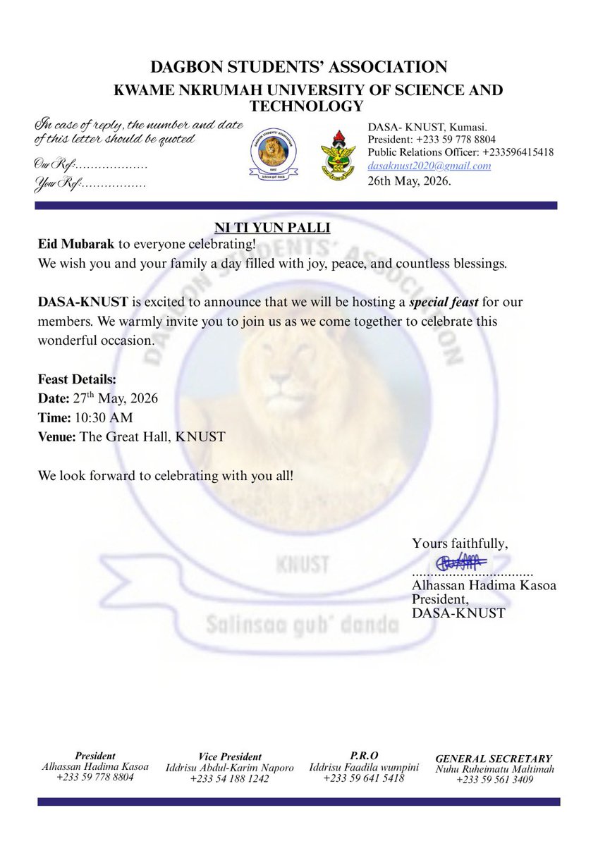 DasaKnust's tweet photo. 🌙 NI TI YUN PALLI | EID FEAST WITH DASA-KNUST 🌙
Eid Mubarak to all DASA members and the entire Muslim community! 🤍
As part of the Eid celebrations, DASA-KNUST warmly invites all members to a special feast as we come together in unity, gratitude, and joy. Let's celebrate👏🏻 https://t.co/JHmsykXu53