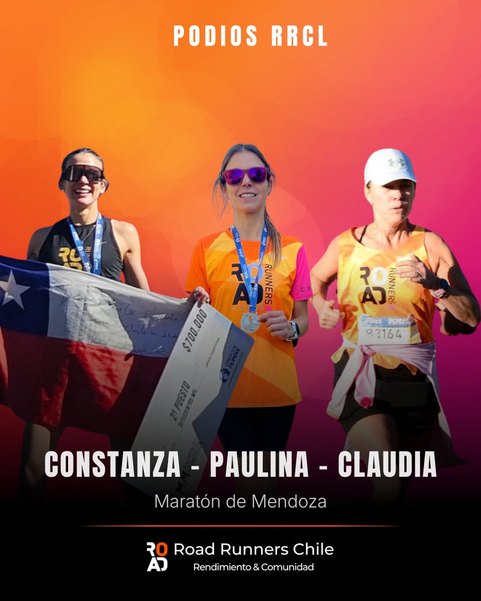 RoadRunnersCL's tweet photo. Tres pódiums RRCL en Mendoza.
Constanza Del Puerto: 2° general mujeres 42K.
Paulina Walker: 1° categoría 42K.
Claudia Varleta: 2° categoría 21K.
Rendimiento &amp; Comunidad.
Road Runners Chile.
#RoadRunnersChile #MaratonMendoza https://t.co/lIQeFM1Jg8