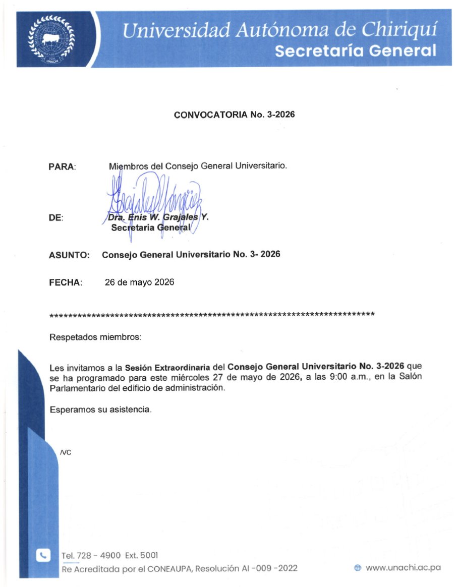 panamaendirecto's tweet photo. La Universidad Autónoma de Chiriquí convocó a una sesión extraordinaria del Consejo General Universitario para este miércoles 27 de mayo, a las 9:00 a.m., donde se analizará una nota recibida de la ministra de Educación. #UNACHI https://t.co/2MUAMZIcCS