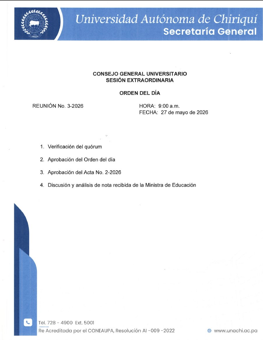 panamaendirecto's tweet photo. La Universidad Autónoma de Chiriquí convocó a una sesión extraordinaria del Consejo General Universitario para este miércoles 27 de mayo, a las 9:00 a.m., donde se analizará una nota recibida de la ministra de Educación. #UNACHI https://t.co/2MUAMZIcCS