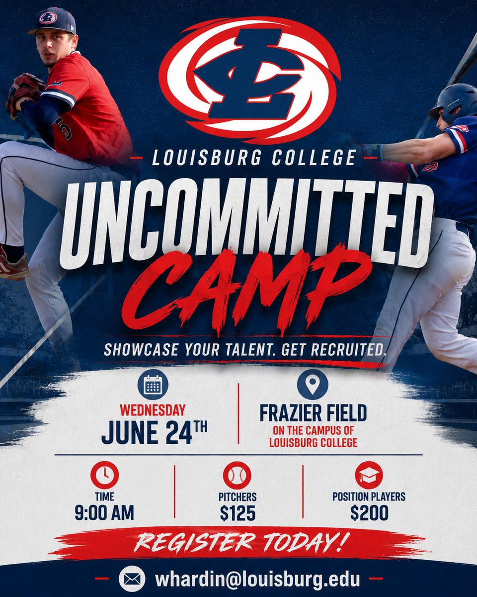LCbaseballnews's tweet photo. โพ Uncommitted Baseball Camp at Louisburg College
Wednesday, June 24 at Frazier Field.
โฐ Time: 9:00 AM
๐ Location: Frazier Field | Louisburg College
๐ฐ Pitchers: $125
๐ฐ Position Players: $200
Ready to take the next step? Email whardin@louisburg.edu to register or learn more https://t.co/5IotGbbS4N
