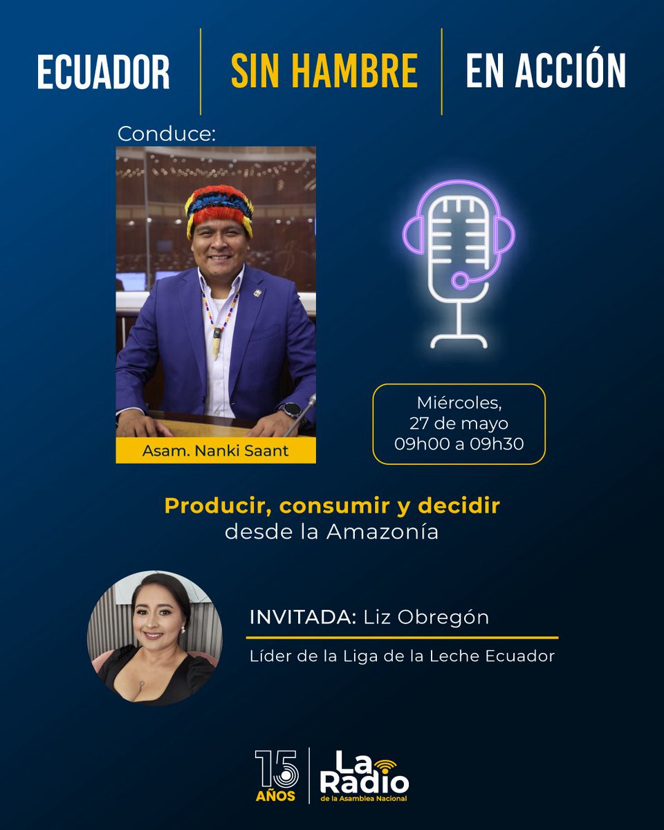 LaRadioAsamblea's tweet photo. #EcuadorSinHambreEnAcción aborda el tema: “Producir, consumir y decidir desde la Amazonía”.
🎙️ Conducción: @nankisaant
🎙️ Invitada: Liz Obregón, líder de La Liga de la Leche Ecuador.
🗓️ Miércoles 13 de mayo | 09h30
#LaRadio #AsambleaNacional https://t.co/ZJrCyz7BwN