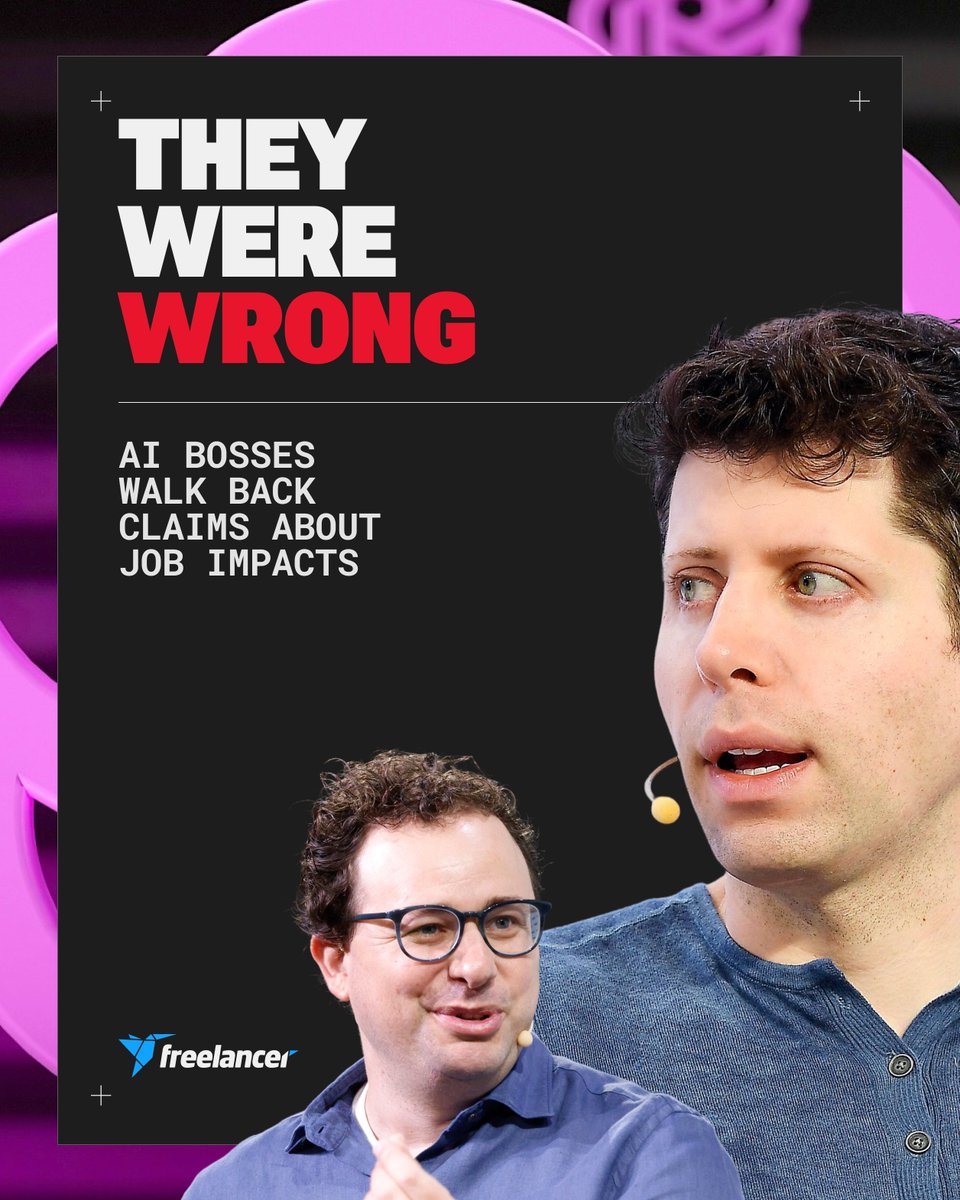 freelancer's tweet photo. Sam Altman spent two years warning AI would gut white-collar jobs. This week he said he was "pretty wrong." Dario Amodei's been walking it back too.

Both companies are heading towards IPOs.

Funny how that works.

Meanwhile, businesses posted 18,000+ AI projects on Freelancer last quarter. Not to replace workers – to hire humans who can actually build the stuff.

👉 Get a pro to make your project: https://t.co/yi2MfykXRl