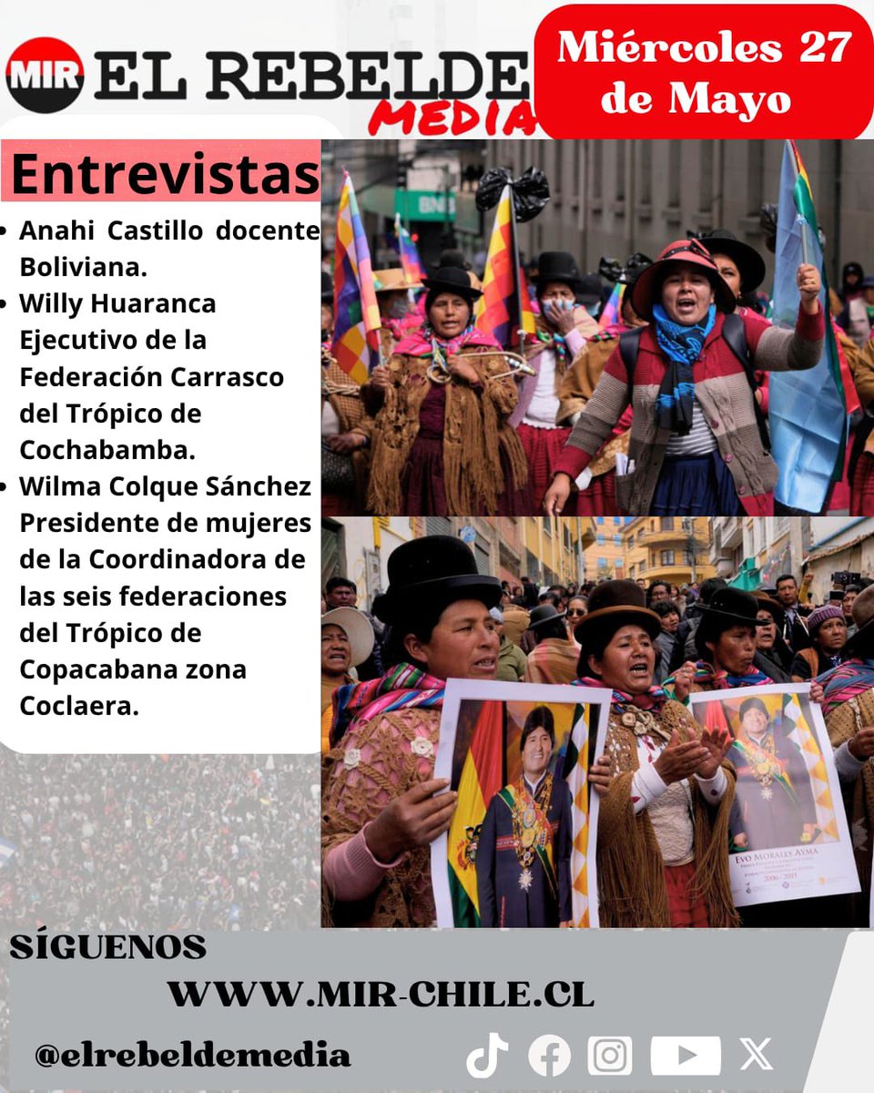 ElRebeldeMIR's tweet photo. 🟥⬛️| PROGRAMA ESPECIAL BOLIVIA 🇧🇴 
🔴⚫️| Entrevista a compañer@s en lucha por la tierra y la vida, Wilma Colque Dirigenta de la Coordinadora de las Seis Federaciones del Trópico, Anahí Castillo, Docente, y, el hermano Willy Huaraca Ejecutivo de la Federación Carrasco. https://t.co/5yLUNE4WKe