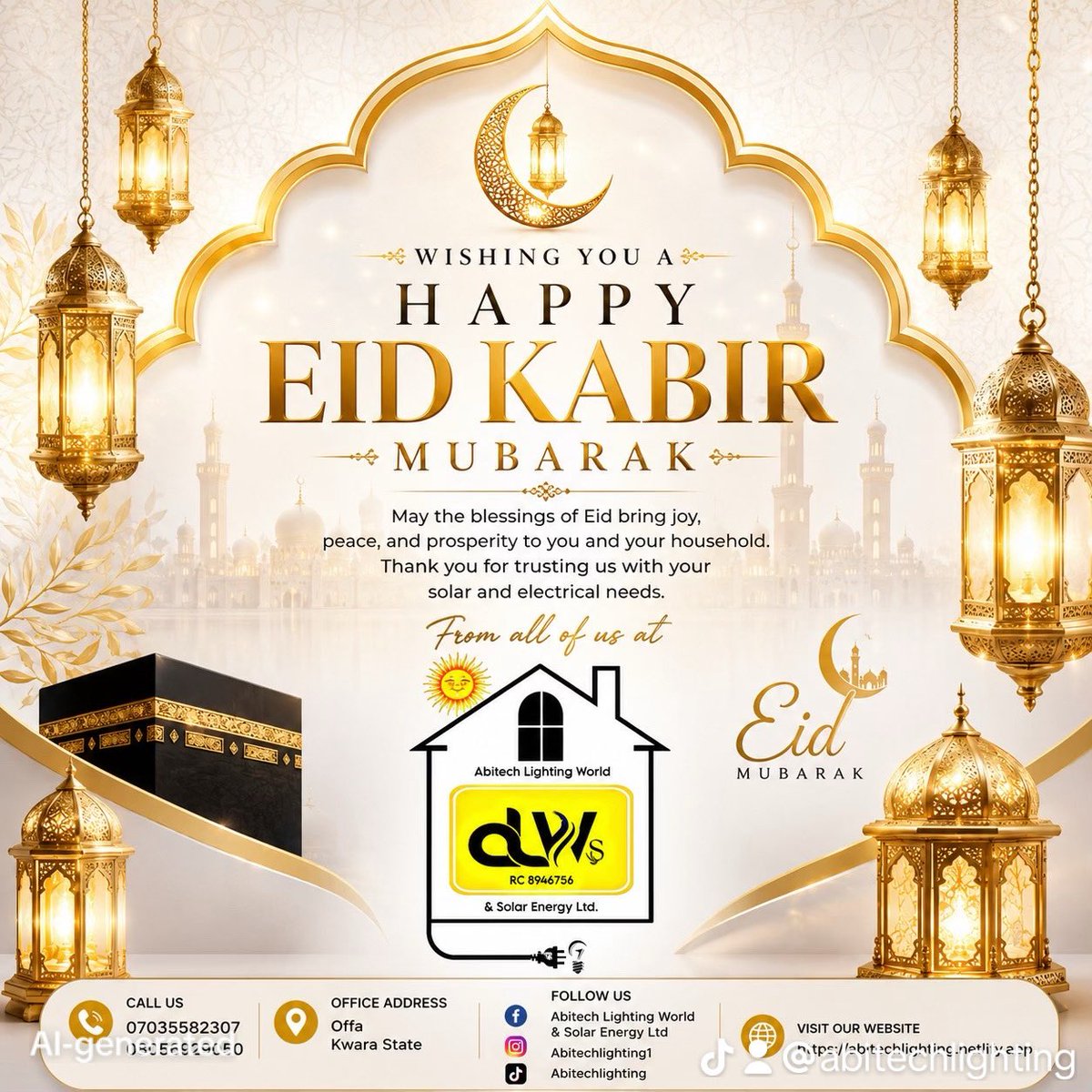 Abitechlighting's tweet photo. Eid Mubarak, Fam! 🌙✨
May Allah flood your life with blessings you can’t count, joy you can’t contain, and breakthroughs you didn’t expect.
May this Eid fill your home with light, your heart with peace, and your future with miracles.

Abitech Lighting World &amp; Solar Energy Ltd https://t.co/PpguFIv4HA