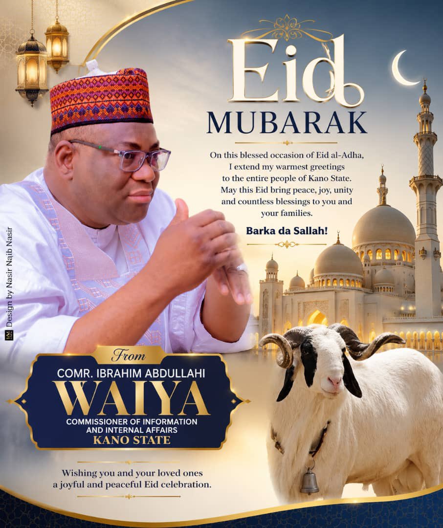 waiyaibrahim's tweet photo. On behalf of the Ministry of Information and Internal Affairs, I warmly felicitate with the good people of Kano State and the entire Muslim Ummah on the occasion of Eid al-Adha. As we mark this blessed celebration of sacrifice, obedience, and compassion, I urge all residents, especially our youths, to celebrate peacefully, remain law-abiding, and continue to support the collective efforts toward maintaining peace, unity, and development in our dear state. May Almighty Allah accept our acts of worship and bless Kano State and Nigeria with enduring peace and prosperity. Eid Mubarak.