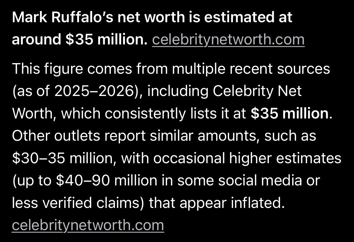 SoCal_Pony's tweet photo. @DefiantLs Only 🇺🇸🇺🇸🇺🇸 American Capitalism 🇺🇸🇺🇸🇺🇸 has created the opportunity for an actor of Ruffalo’s talent the ability to amass a net wealth of $35M https://t.co/7QZV6OrQND