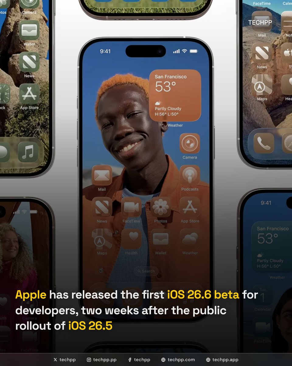techpp's tweet photo. Apple has released the first iOS 26.6 beta for developers, two weeks after the public rollout of iOS 26.5

#Apple #iOS #TechNews #iOS266 #iPhone #BetaUpdate https://t.co/Qp80uK9flU