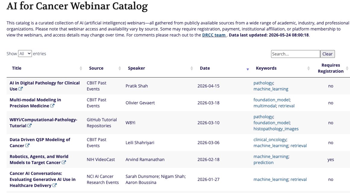 NCIARTNet's tweet photo. 🚀 Check this out — we’ve launched an AI for Cancer Webinar Catalog, updated weekly!
https://t.co/aqizWX56p7
This curated catalog brings together AI in cancer research webinars from publicly available academic, industry, and professional organizations in one place. A great resource for staying current with the rapidly evolving AI-oncology landscape.