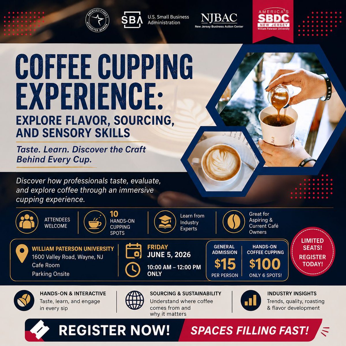 WPSBDC's tweet photo. Ready to taste coffee like a pro?

Join us for an immersive Coffee Cupping Experience at William Paterson University and discover the art behind flavor, sourcing, roasting, and sensory evaluation. Perfect for coffee lovers, aspiring café owners, and food &amp; beverage entrepreneurs. https://t.co/4j2IuPD8gd