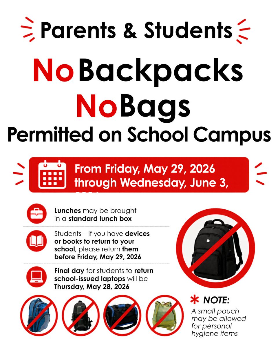 LCMS_MS's tweet photo. Student &amp; staff safety remains a top priority @LCMS_MS  as the school year comes to an end. No backpacks starting 5/29 -6/3. Let's finish strong! #RoaringwithPride #EOYActivities @LCMS_Principal @AP_Newell @TraciAveni @DoryVegaRodrig1 @BCPSNorthRegion https://t.co/HroAJ4rBR8