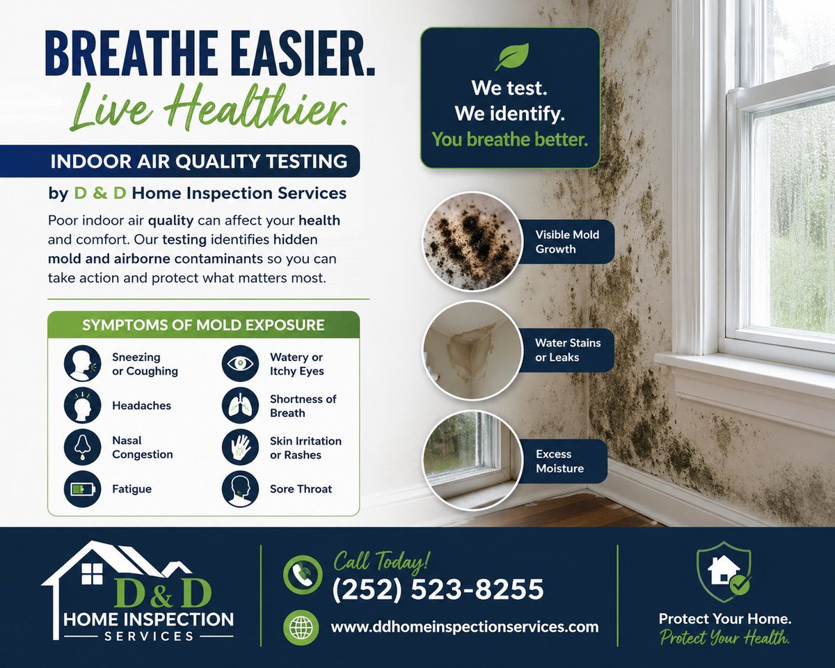 ddhomeinspect's tweet photo. D &amp; D Home Inspection Services offers professional indoor air quality testing to help identify hidden mold, airborne contaminants, water stains, leaks, and excess moisture inside your home.

🌐 https://t.co/RhSO89EKIL
#HomeInspection #KinstonNC #EasternNC  #greenvillenc #jaxnc https://t.co/ubvG2LxZ88