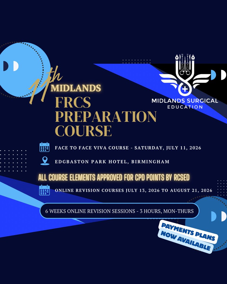 MidlandsSE's tweet photo. The FRCS viva is weeks away and that knot in your stomach is getting tighter. ⏳ Don't let exam stress hold you back.
The 11th FRCS (Gen Surg) Prep Course is now OPEN.
Face-to-Face Masterclass: July 11, 2026 (Birmingham) Online Track: July 13 – Aug 21 https://t.co/SMU0WJY5hi