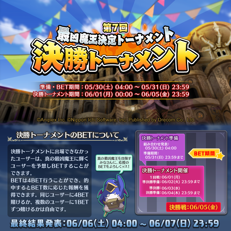 Disgaea_App's tweet photo. ／
第7回 最凶魔王決定トーナメント 
の決勝が開催されるッスよ～！
＼

いよいよ、最凶魔王を決定する決勝トーナメントが
6/1(月)0:00から開催されるッス！

最凶魔王の座につくのは誰ッスかね～
BETして応援するッスよ！(◉◇＜)／⌒☆

#ディスガイアRPG https://t.co/bt2o579BC5