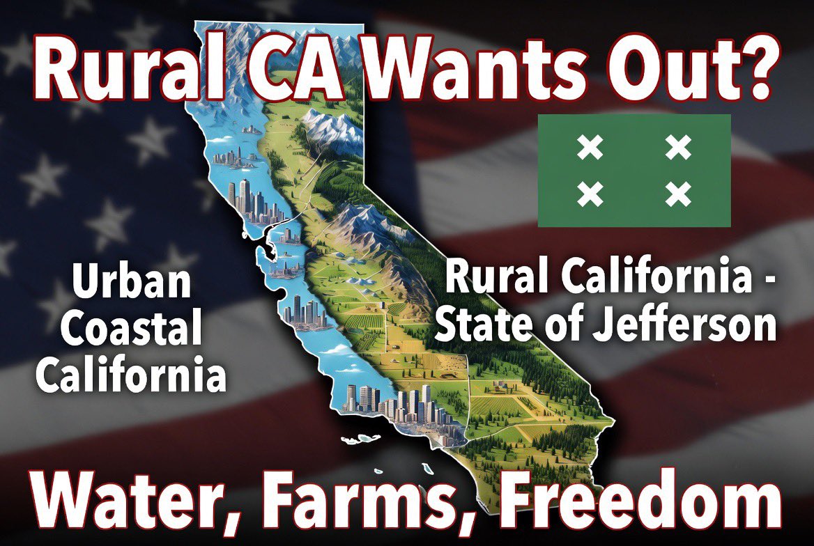 MurrayEdwards67's tweet photo. Is California breaking up with itself?

Frustrated by urban-dominated policies on water, taxes, farming regs, and wildfires, multiple rural counties are advancing secession or partition efforts.

From the long-running State of Jefferson movement in the north, to recent resolutions in Yuba & Sutter Counties supporting a potential split into a new inland/rural state, the push for more local control is growing.

Supporters argue rural voices (and the agriculture that feeds the state) are being ignored. Critics say it’s symbolic and faces massive legal barriers.

Is California headed for a breakup? Or can the urban-rural divide be fixed?

#StateOfJefferson #CalExit #RuralCalifornia #TwoCalifornias