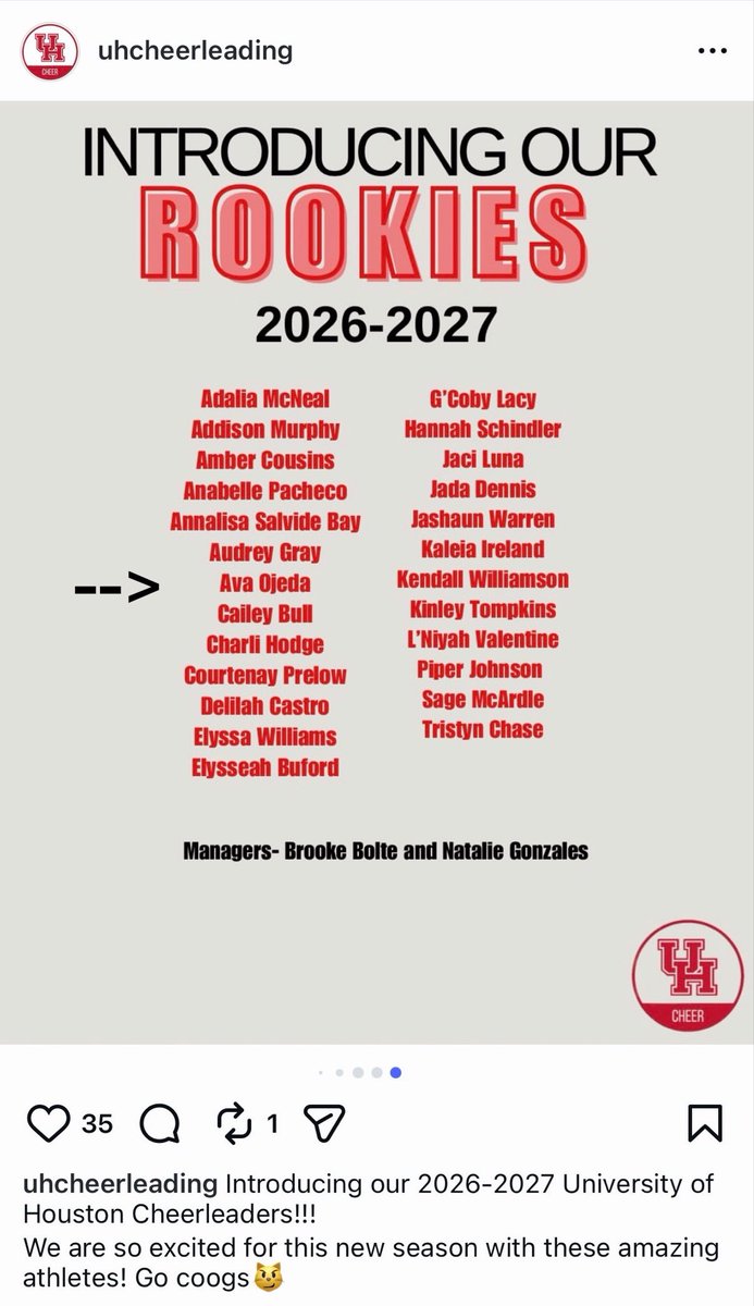 CoachOjeda's tweet photo. My baby girl is now a UH Cheerleader. I’m so proud of her making the squad. #GoCoogs 🐾🐾🐾 #CheerDad https://t.co/dmyf2Skzau