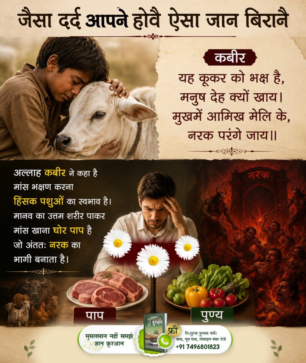 satsandeep's tweet photo. #जैसादर्दअपनेहो_ऐसाजान_बिरानै
 दर्द आपने होवै ऐसा जान बिरानै
कबीर
यह कूकर को भक्ष है, मनुष देह क्यों खाय। मुखमें आमिख मेलि के, नरक परंगे जाय ।।
अल्लाह कबीर ने कहा है मांस भक्षण करना हिंसक पशुओं का स्वभाव है। मानव का उत्तम शरीर पाकर मांस खाना घोर पाप है
Baakhabar Sant Rampal Ji https://t.co/6VAjX5bWV0