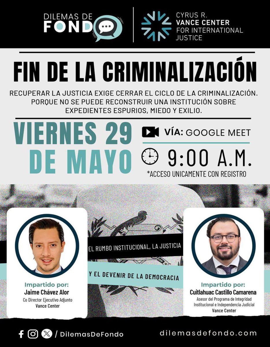 DilemasDeFondo's tweet photo. ⚖️ Cerrar el ciclo de la criminalización es una condición para recuperar la justicia.

🗓️ Presentación y discusión del documento de @VanceCenter 
”Hacia el Fin de la Criminalización en Guatemala”

Documento 📖: https://t.co/Mx0UTrd72U

🔗 Regístrese: https://t.co/Ahh3EYaRMl https://t.co/vwPOtAFM9K
