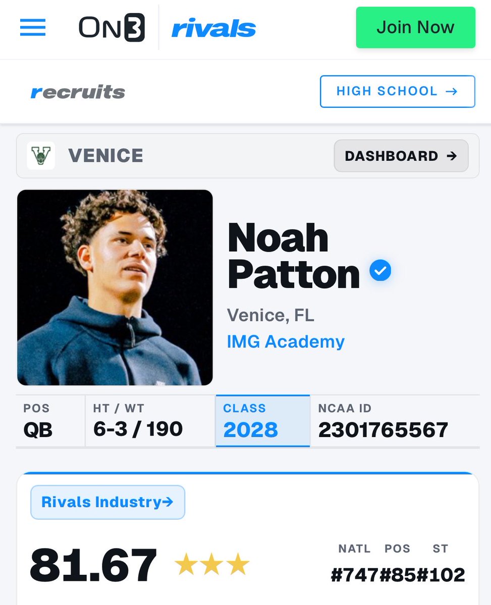 Noah1Patton's tweet photo. Grateful to be ranked a 3 ⭐️ by @RivalsHS and @On3 . The recognition means a lot, but the work is far from finished. 🌴

@john_p34 @Dom_marino4 @VeniceRecruit10 

@SageHansard 
@DIAMONDdavelee @Andy_Villamarzo @ChadSimmons_ https://t.co/FYhJFNKJLi
