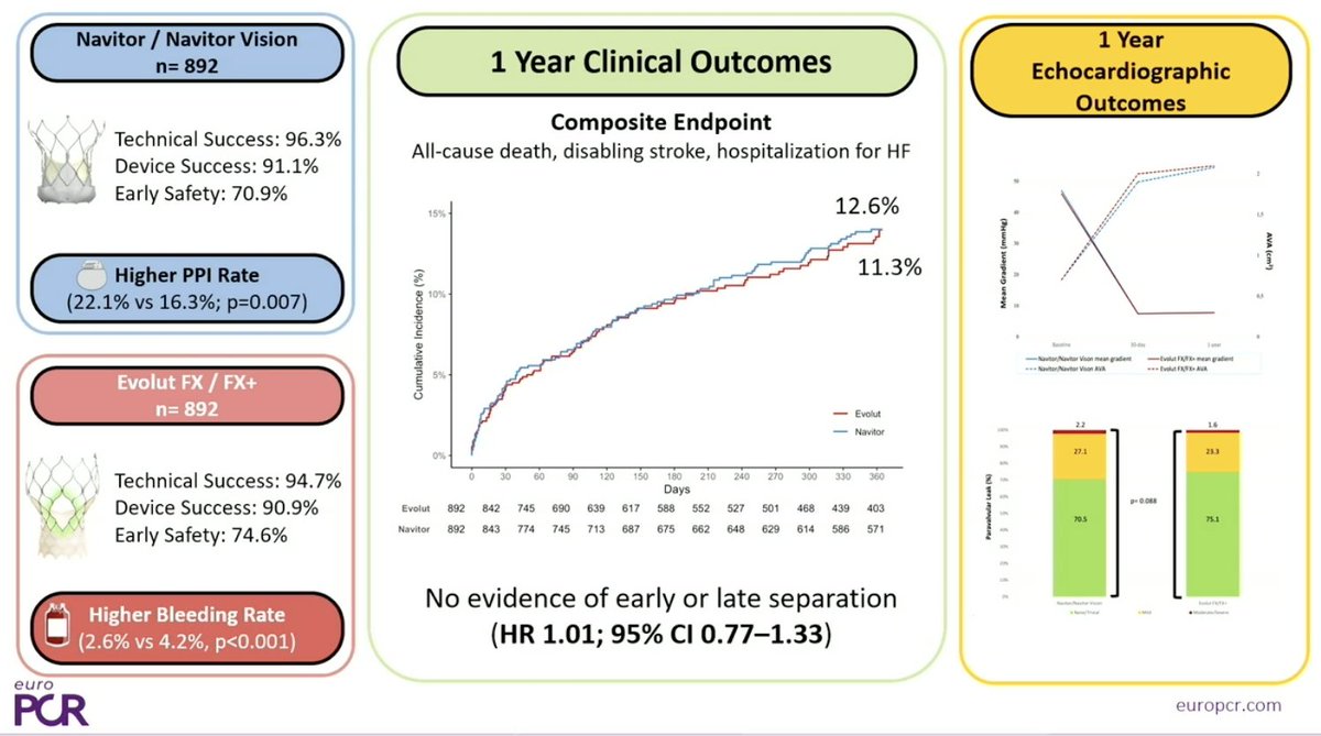 TagliariPaula's tweet photo. Additional contemporary #TAVI evidence from #EuroPCR @PCRonline
#LANDMARK trial @ 2-year: #Myval vs #Sapien/Evolut: non-inferior clinical outcomes
📊 Event-free survival: 79.1% vs 81.9% (p=0.39)
Mortality: 87.3% vs 89.2% (p=0.43)
Consistent results in small annuli and women
#HERA-TAVI registry @ 1-year: #Navitor/Vision vs #Evolut FX/FX+: similar clinical and hemodynamic outcomes
📊 Primary endpoint (death, disabling stroke, HF hospit): 12.6% vs 11.3% (p=0.42)
Similar gradients and PVL
⚠️ Procedural trade-offs: ⬆️ pacemaker with IA vs ⬆️ bleeding with SA